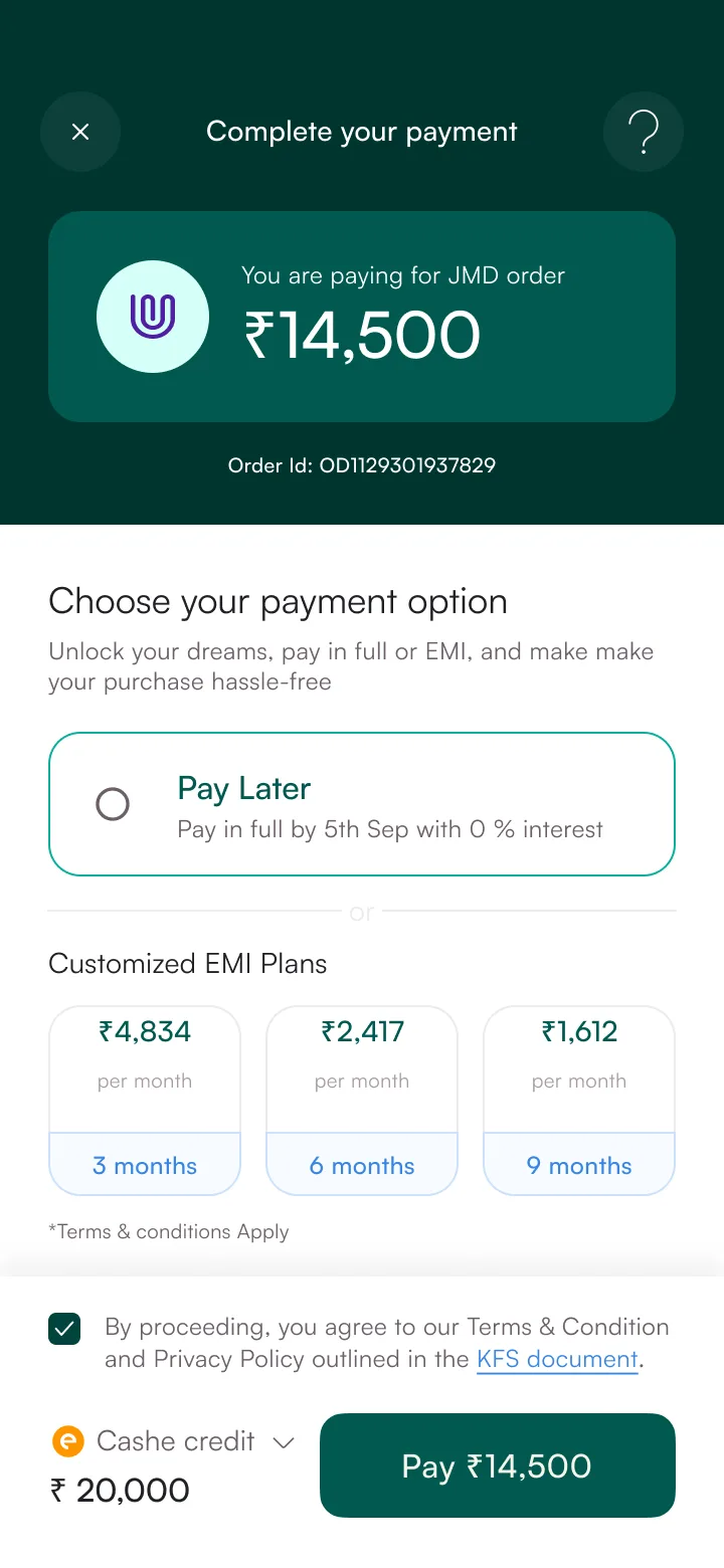 Checkout screen showing Rs 14,500 with EMI options
