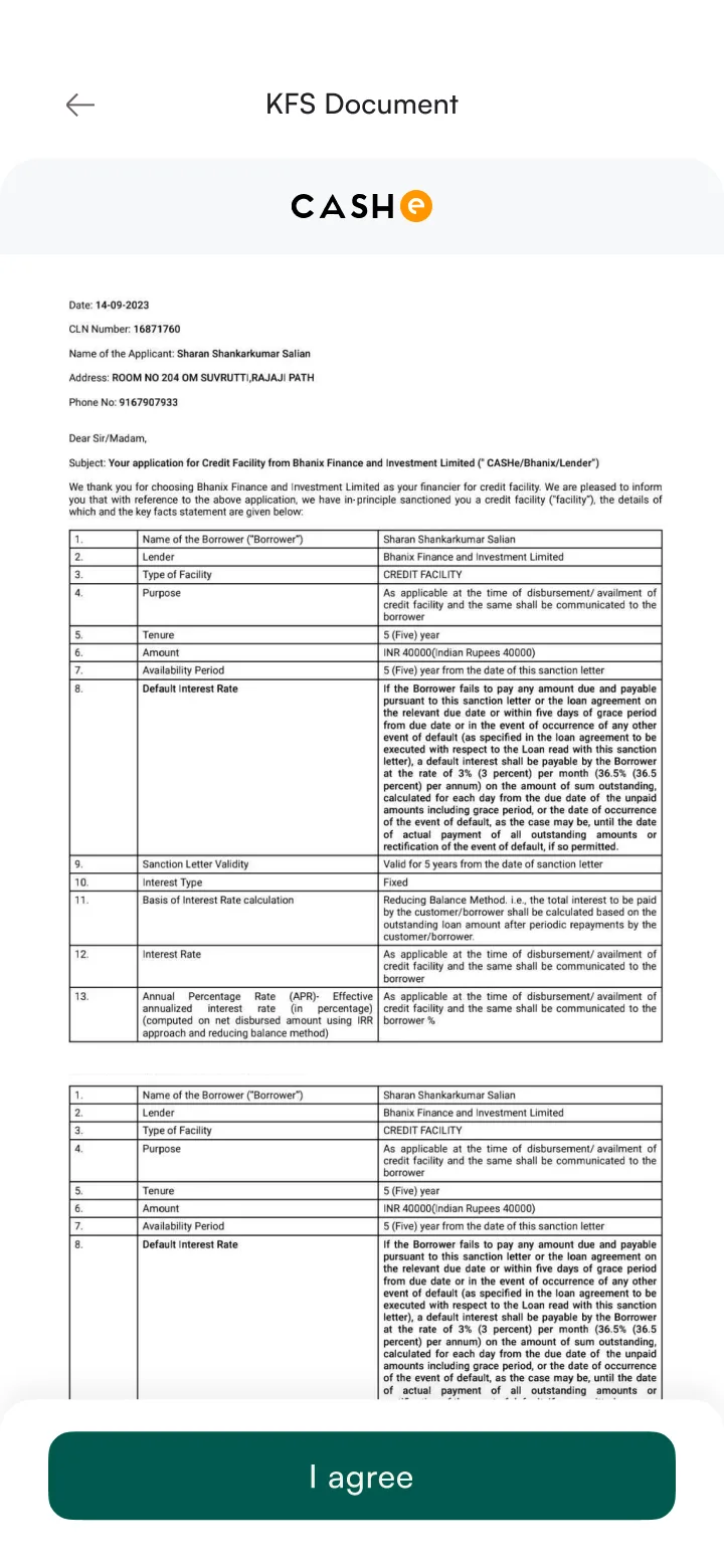 Full KFS sanction letter from CASHe