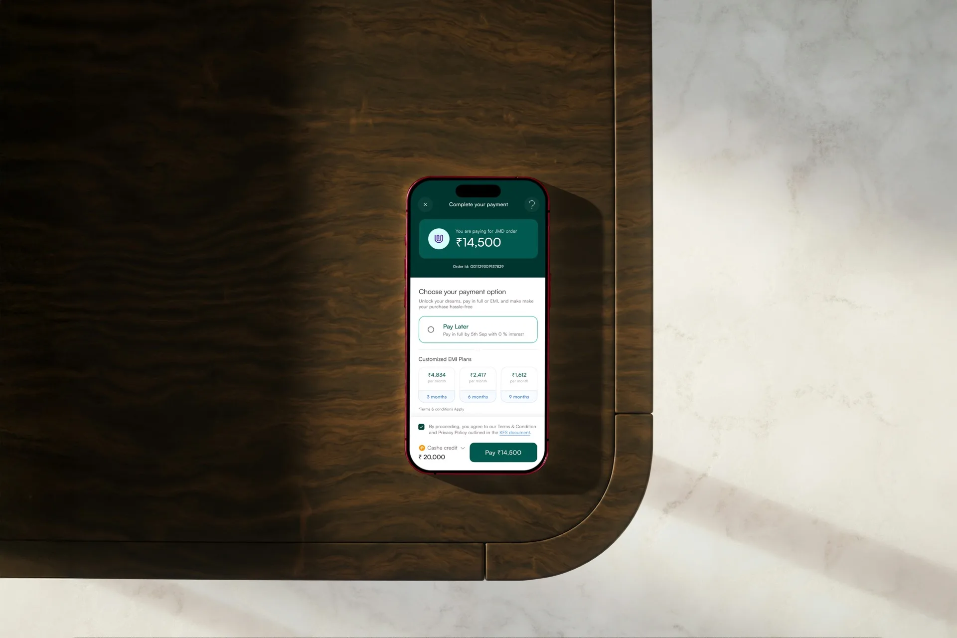 Payment selection screen showing EMI options