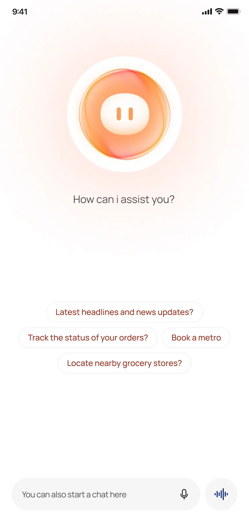 AI Chat — How can I assist you? Quick actions: headlines, track orders, book metro, locate grocery