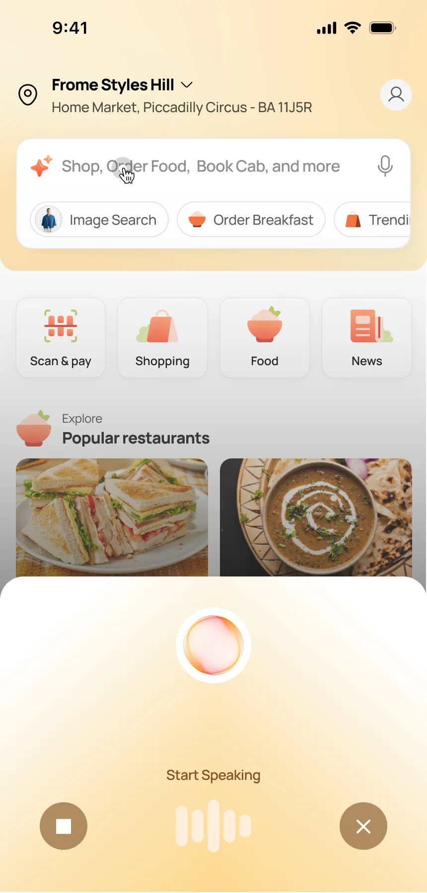 AI voice chat triggered from homepage — bottom sheet slides up over categories and restaurants