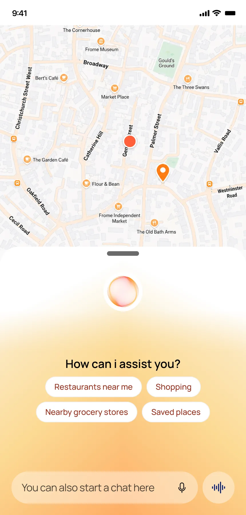 AI triggered on map — bottom sheet with contextual prompts: restaurants near me, shopping, nearby grocery
