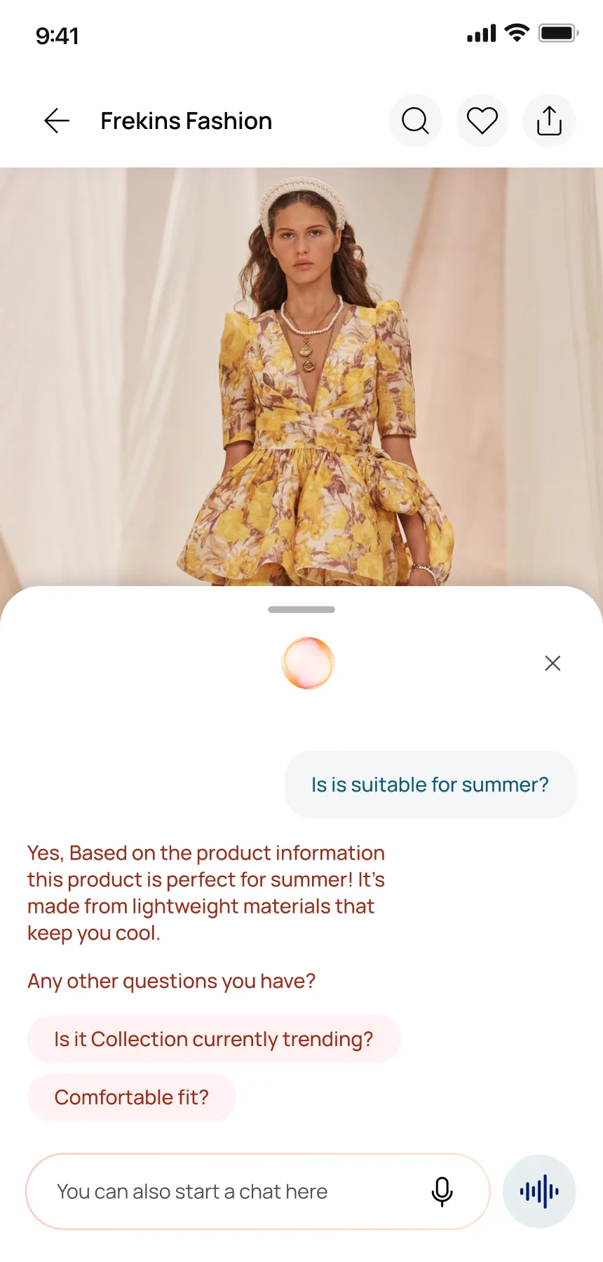 AI triggered on product detail page — bottom sheet with contextual questions about the product