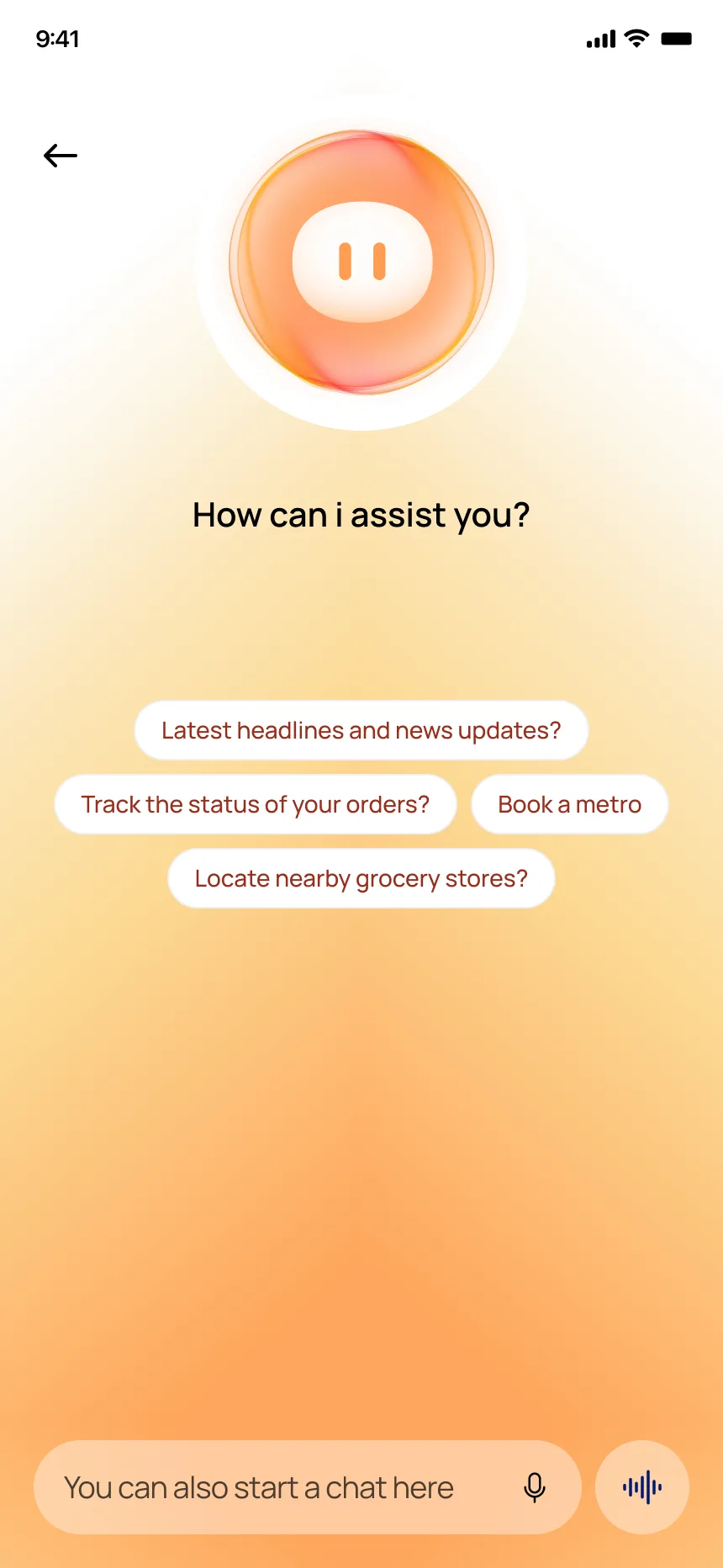 AI Chat — How can I assist you? Quick actions: headlines, track orders, book metro, locate grocery