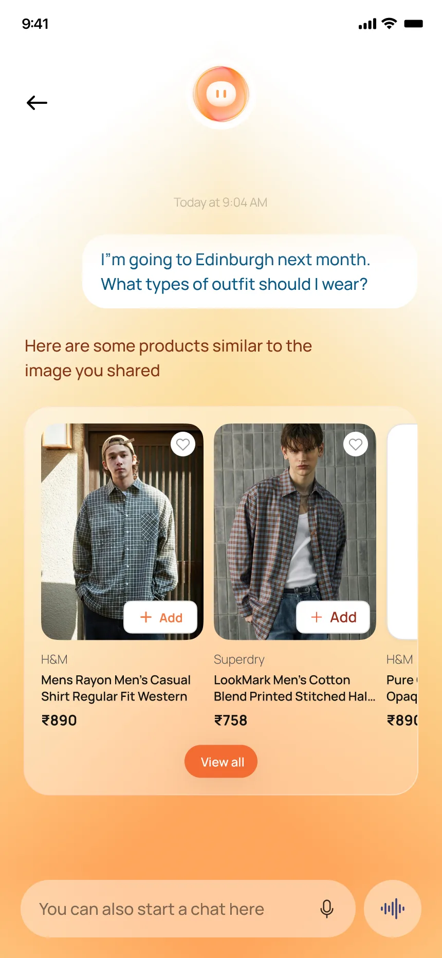 AI responds with product cards — H&M and Superdry shirts with Add buttons