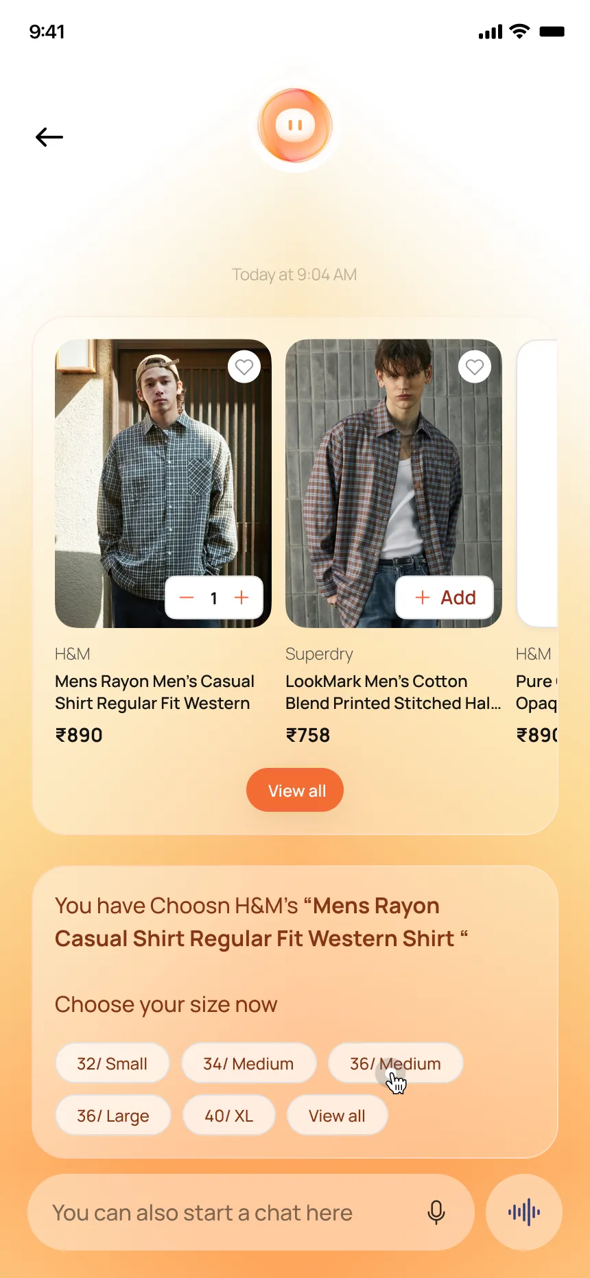 Size selection inside chat — 32/Small to 40/XL with quantity control
