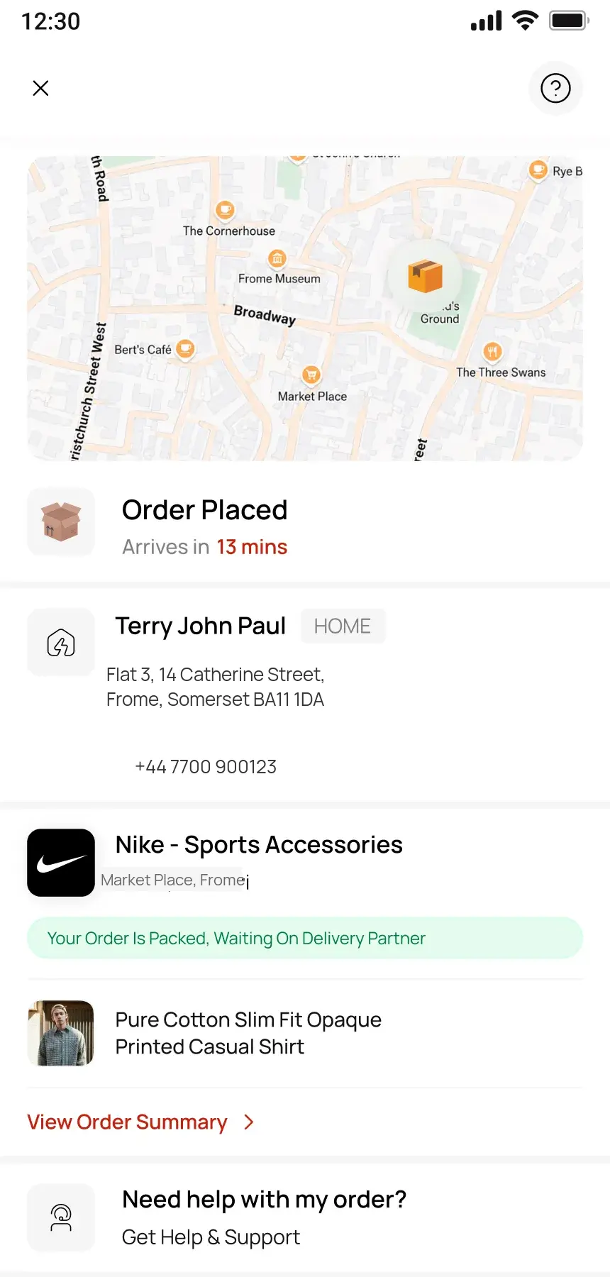 Order tracking — map with delivery route, arrives in 13 mins, Nike order packed, waiting on delivery partner