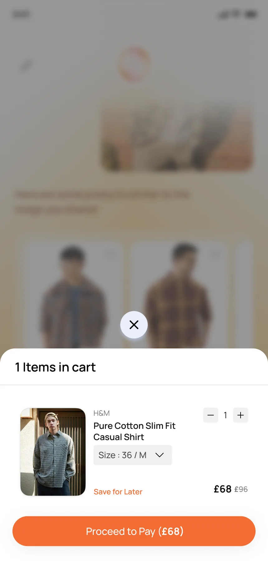 Cart bottom sheet — 1 item in cart, H&M cotton shirt, size 36/M, Proceed to Pay