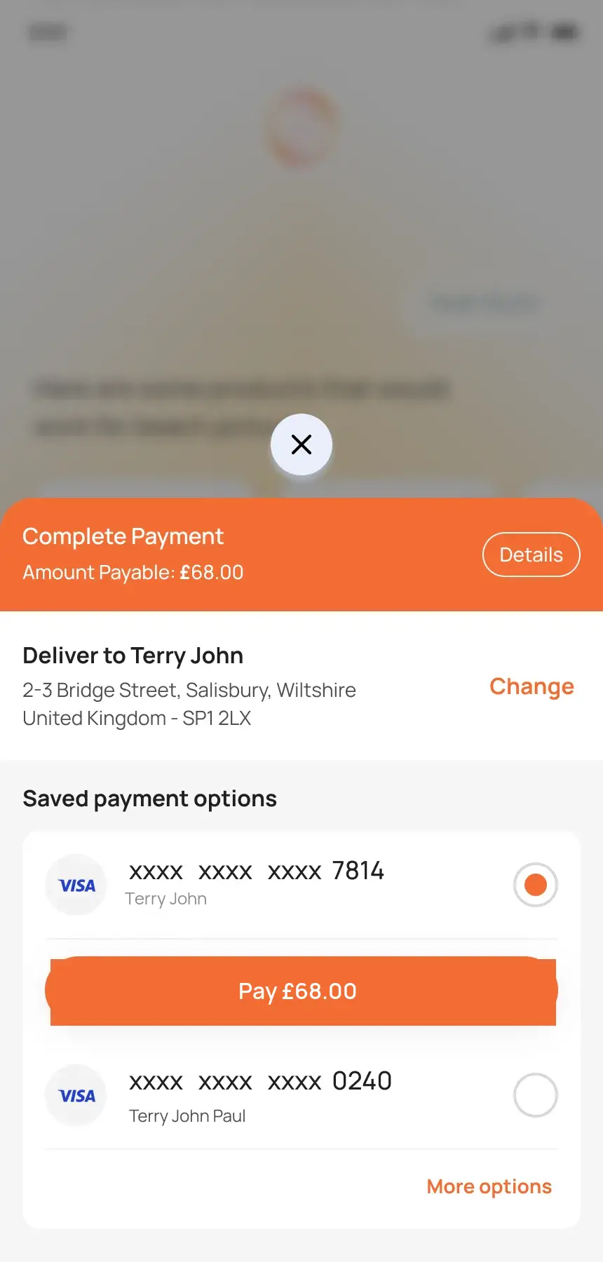 Payment modal — complete payment, delivery address, saved payment cards