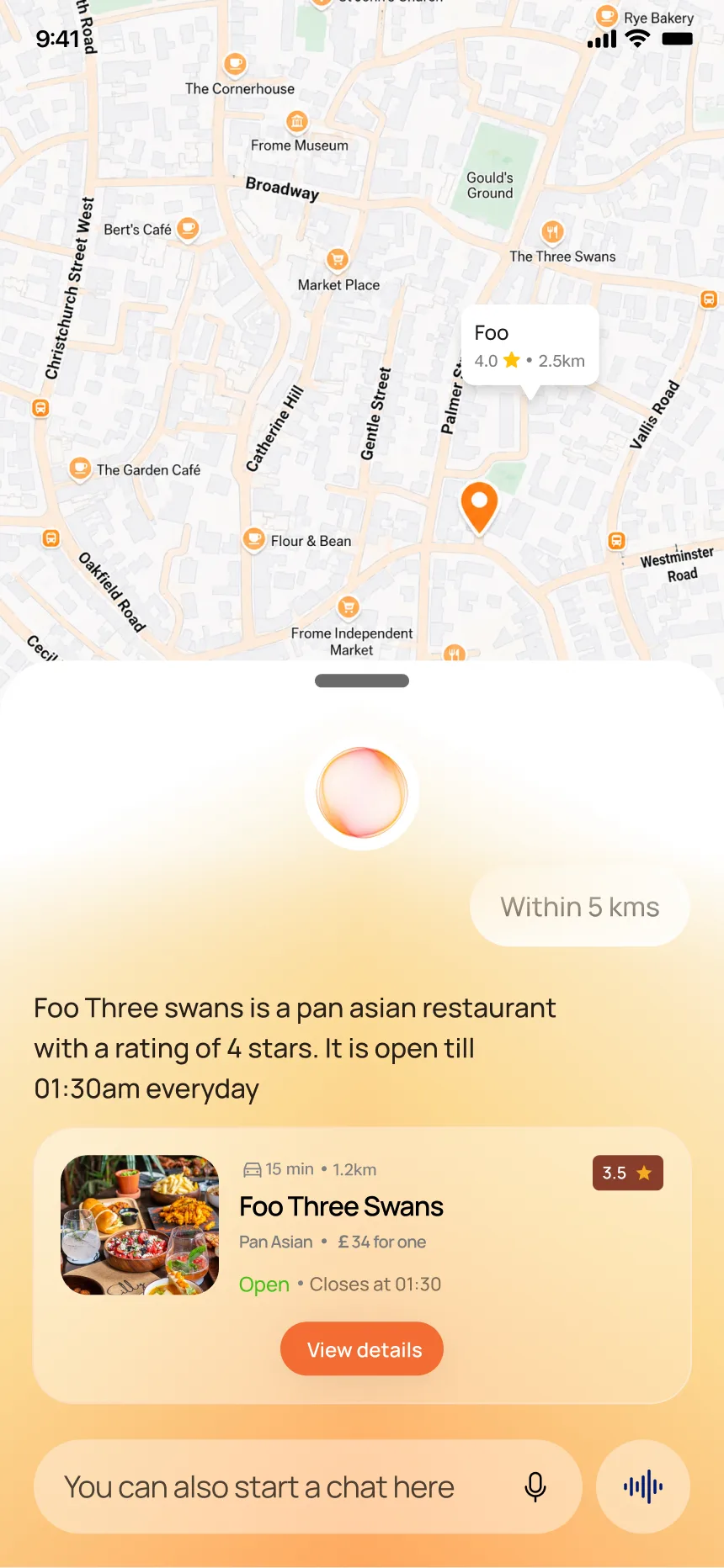AI chat on map — describes Foo Three Swans, rating, distance, view details