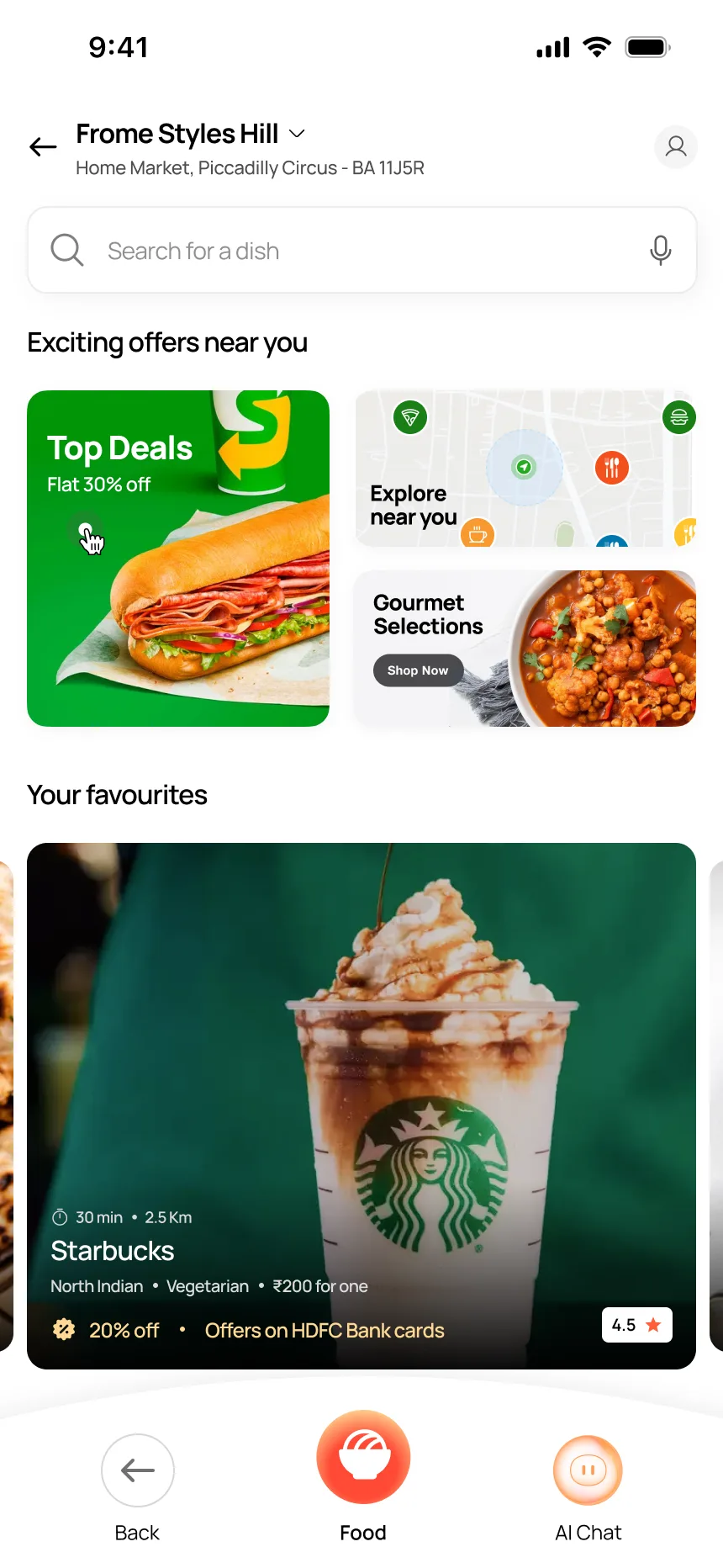 Food home — location header, deals, favourites, explore near you