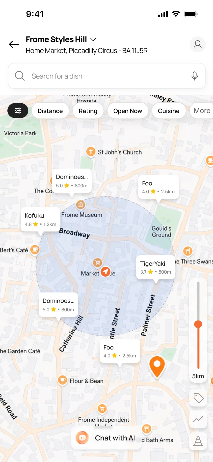 Map view with restaurant pins, filter chips, 5km radius slider