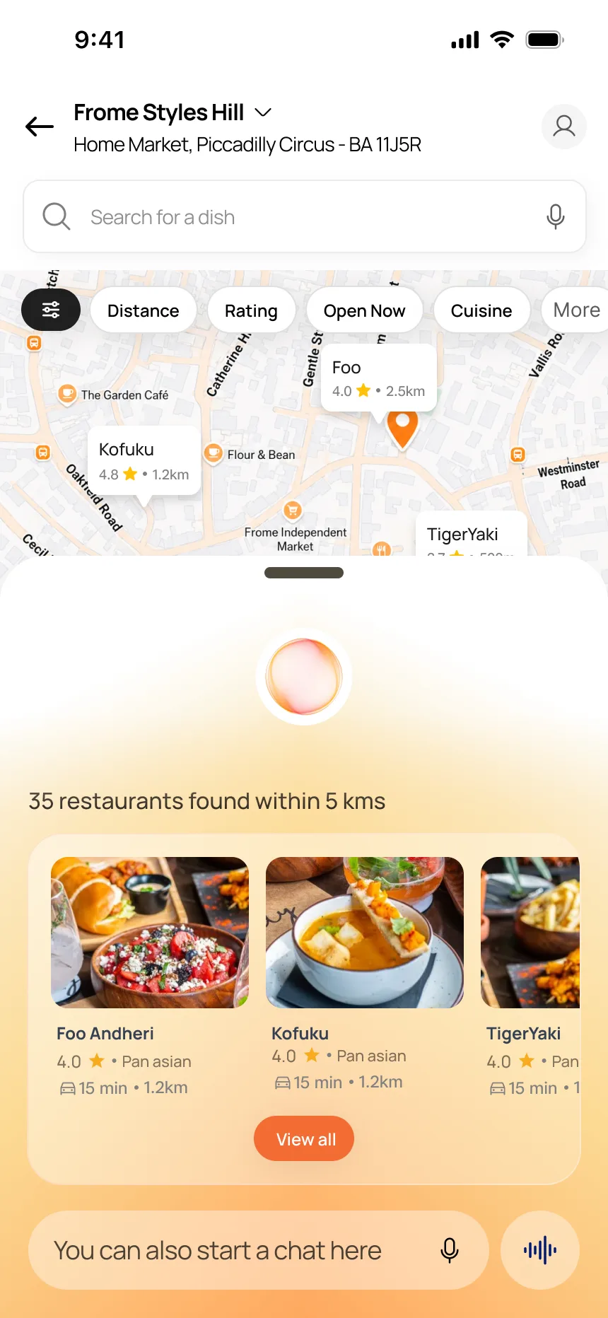Map with AI bottom sheet — 35 restaurants within 5km, restaurant cards
