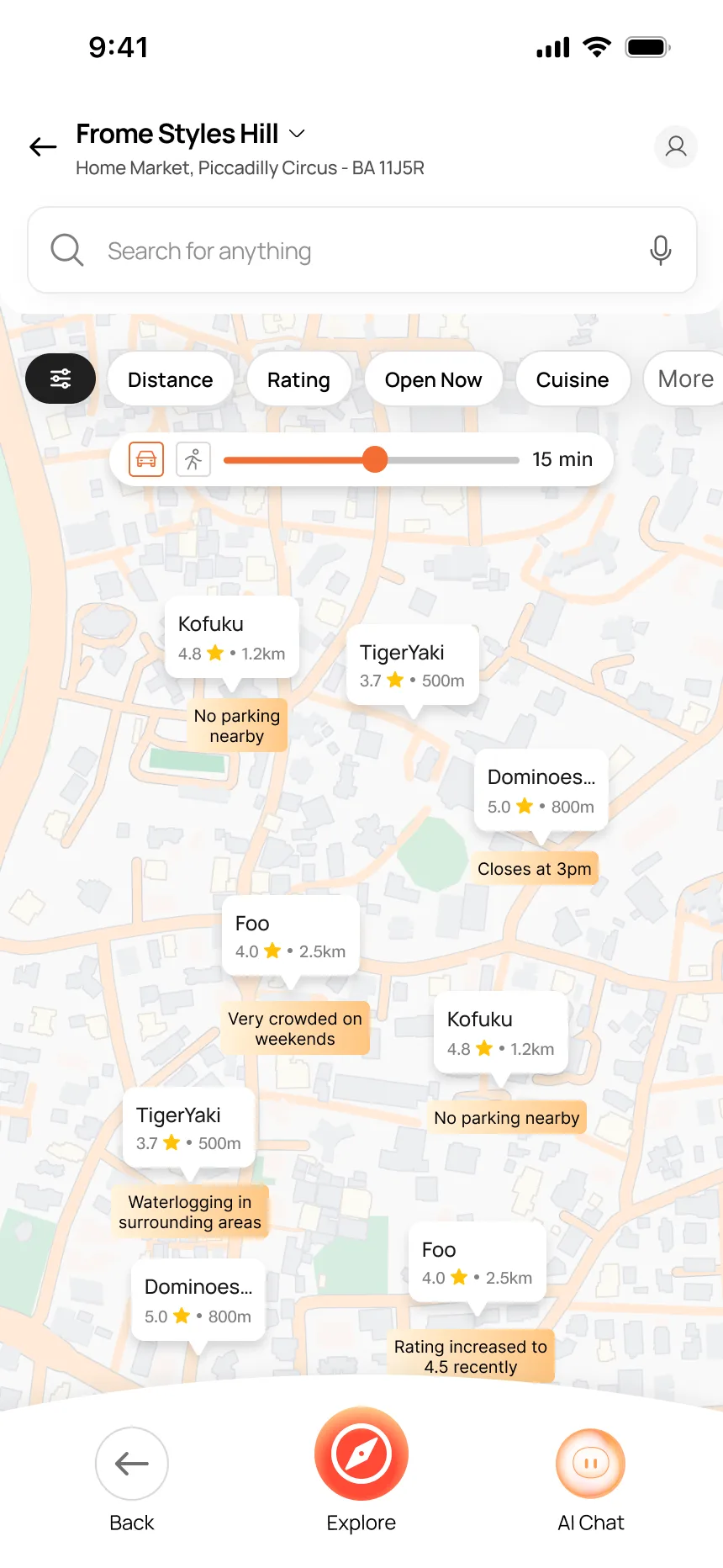 Explore homepage — map-based discovery with smart suggestions and nearby venues
