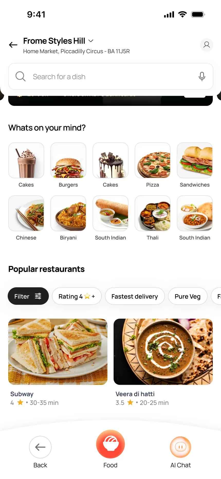 Food homepage — restaurant-first layout, food categories, nearby offers, location-aware ordering