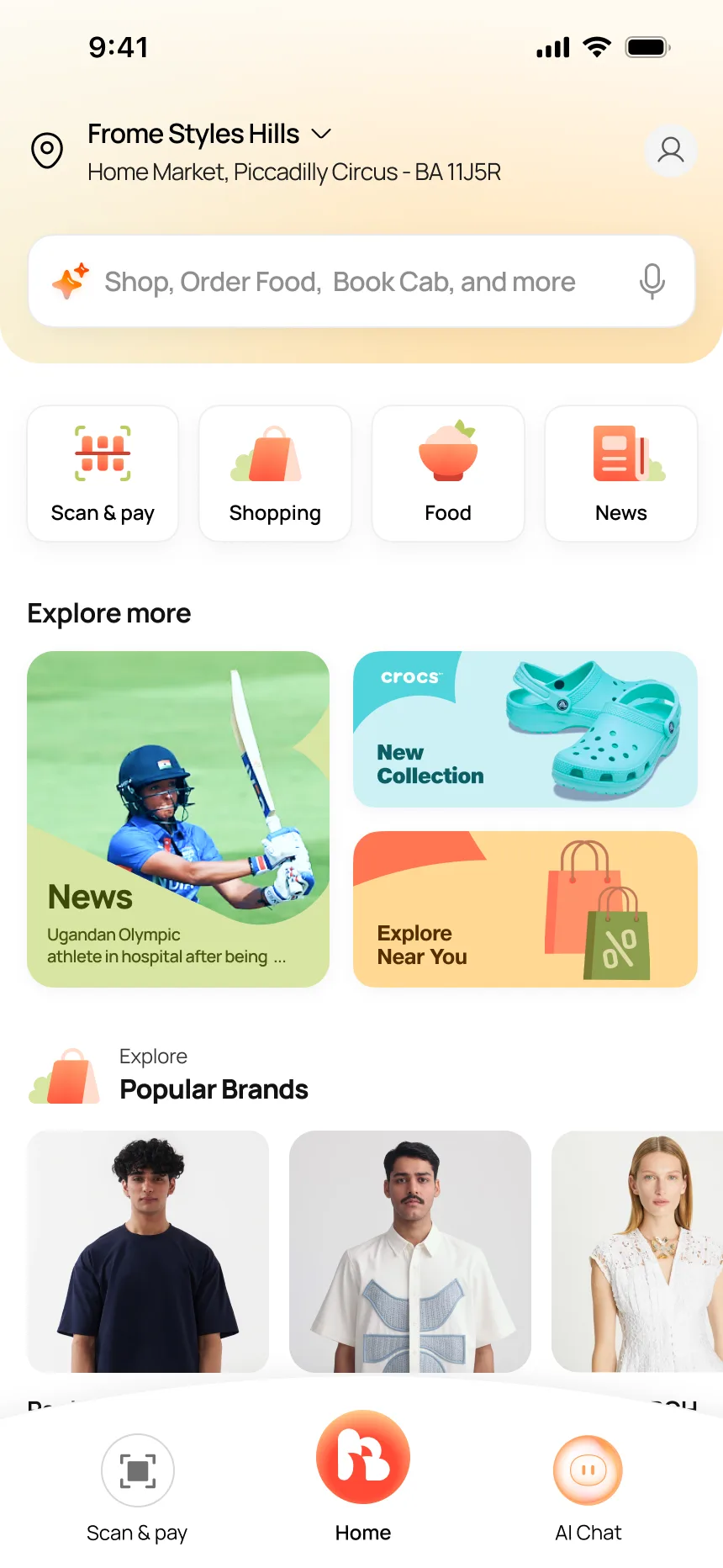 Main homepage — search bar, wedding banner, Scan & Pay, Shopping, Food, News categories, popular brands, popular restaurants, explore more