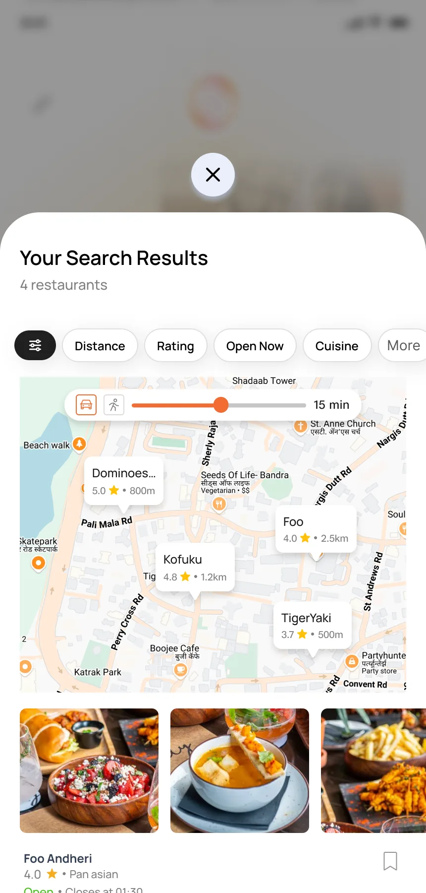 AI bottom sheet — contextual AI triggered from the map, place details and actions overlaid on conversation
