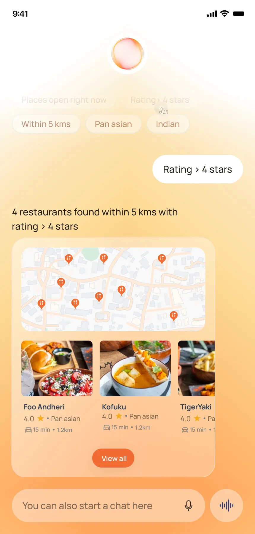 AI response — natural language answers about nearby places, recommendations based on map context