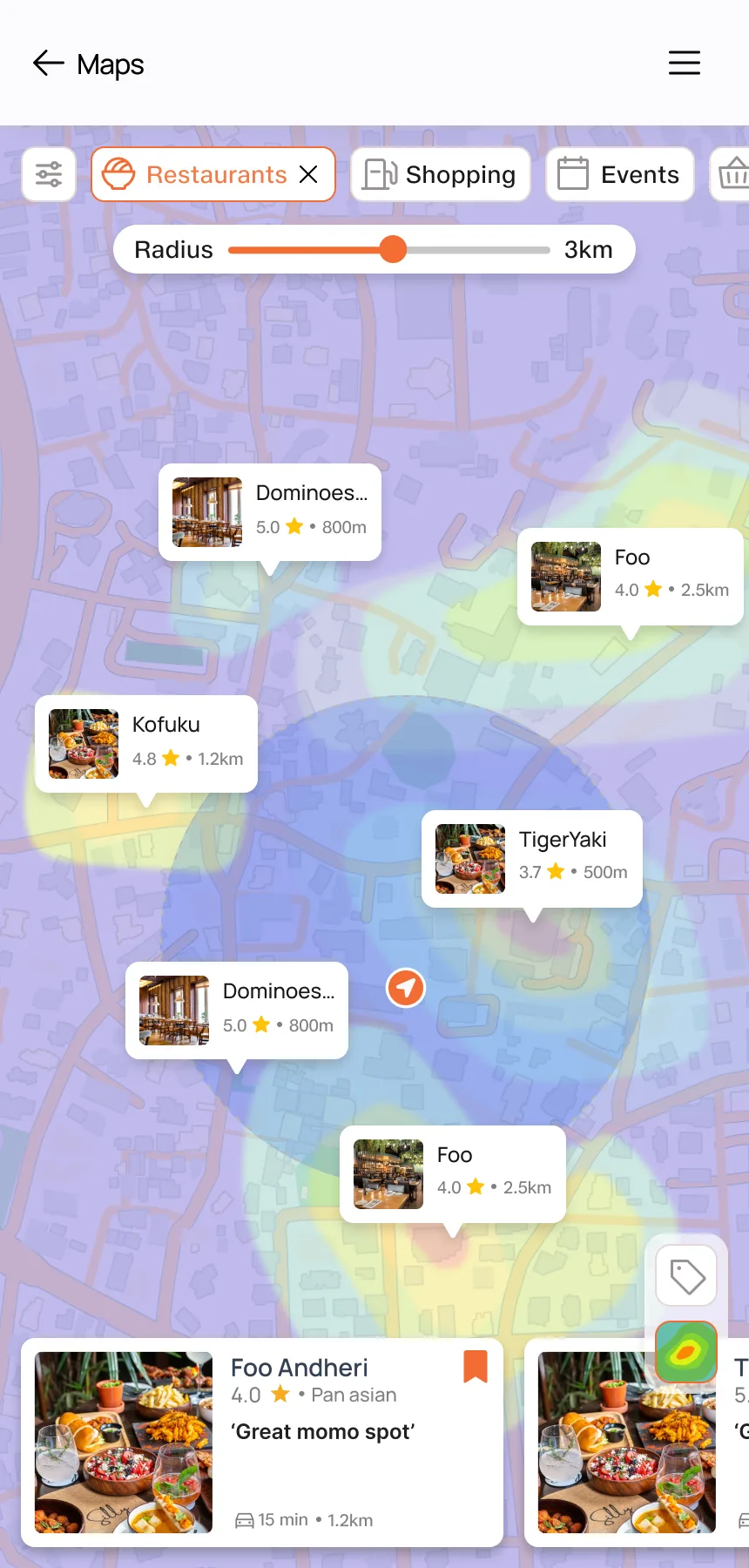 Heatmap with filters — crowd density overlay, category pills, 3km radius slider, restaurant cards in horizontal scroll