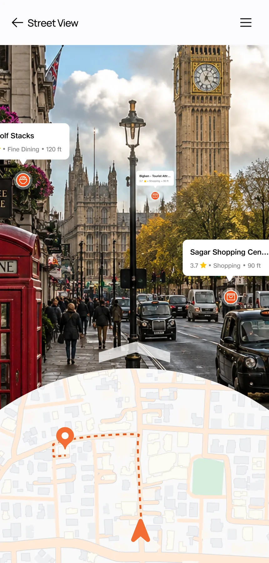 Street view — immersive street-level view with venue info cards pinned to real-world locations, ratings and distances overlaid