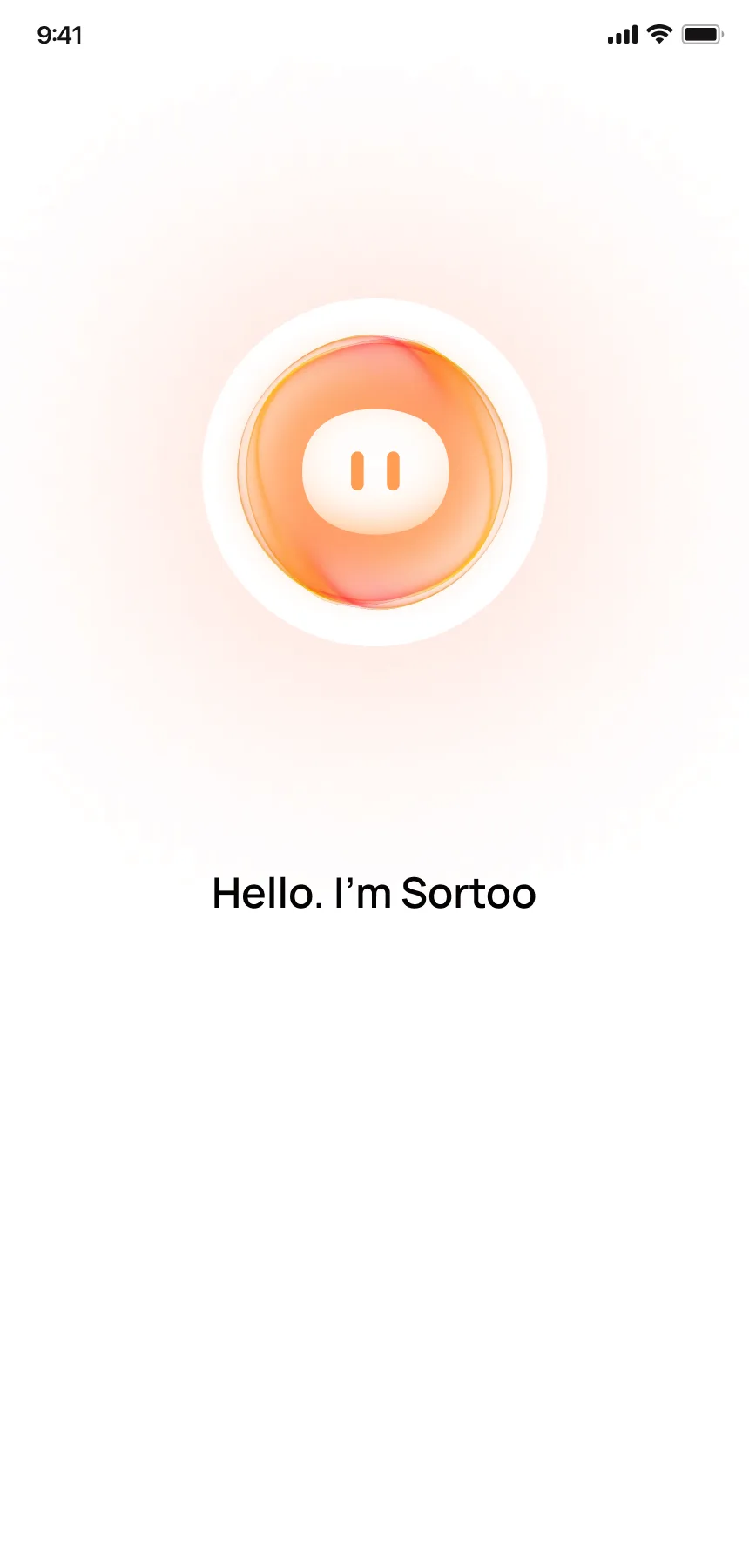 AI introduction — Hello, I'm Sortoo. Large AI avatar with orange glow on white