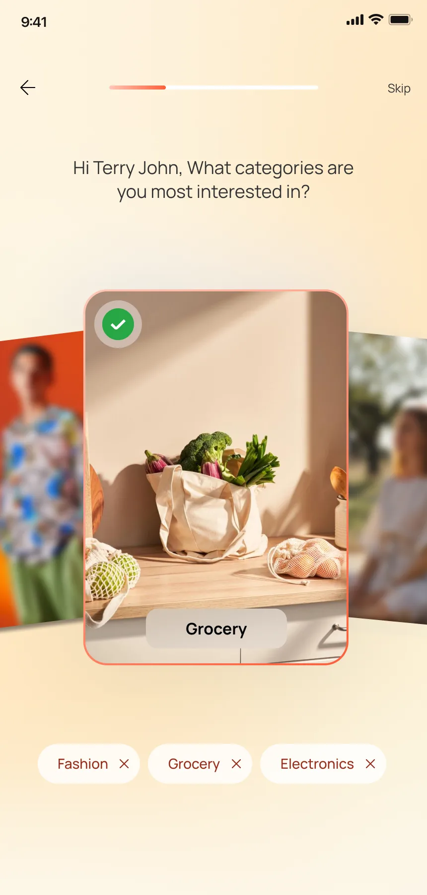 Category personalization — AI asks what categories interest you, Fashion and Grocery cards with selection tags