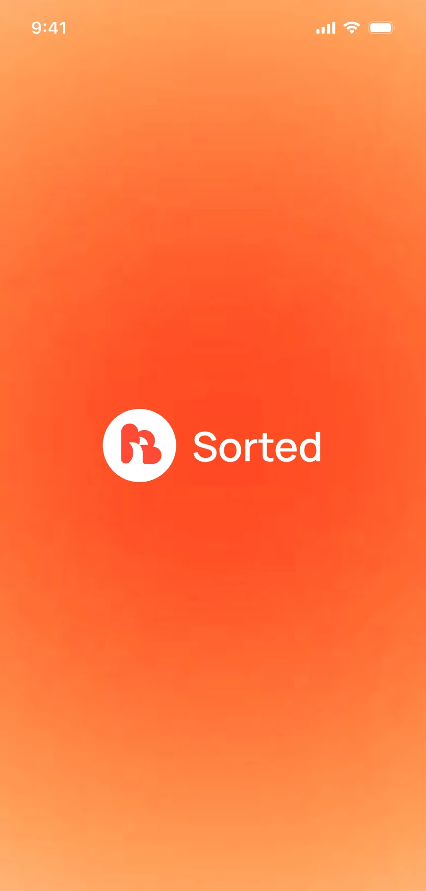 Sorted splash screen — app logo on orange gradient background, first brand impression