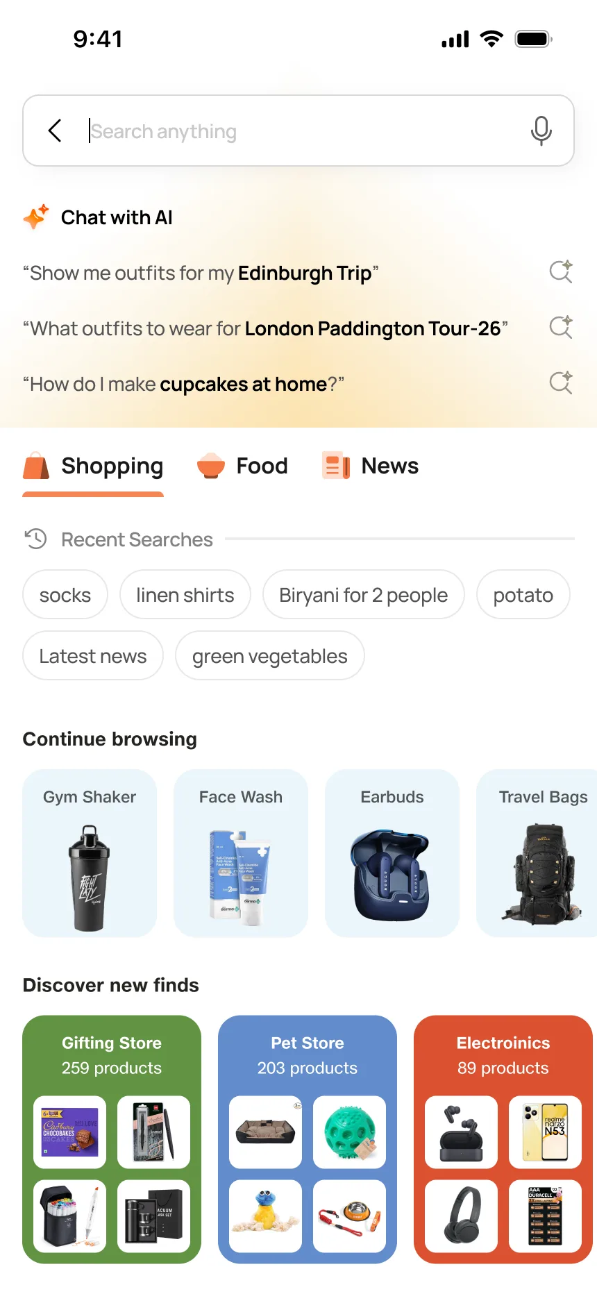 Search home — AI suggestions, Shopping/Food/News tabs, recent searches, continue browsing