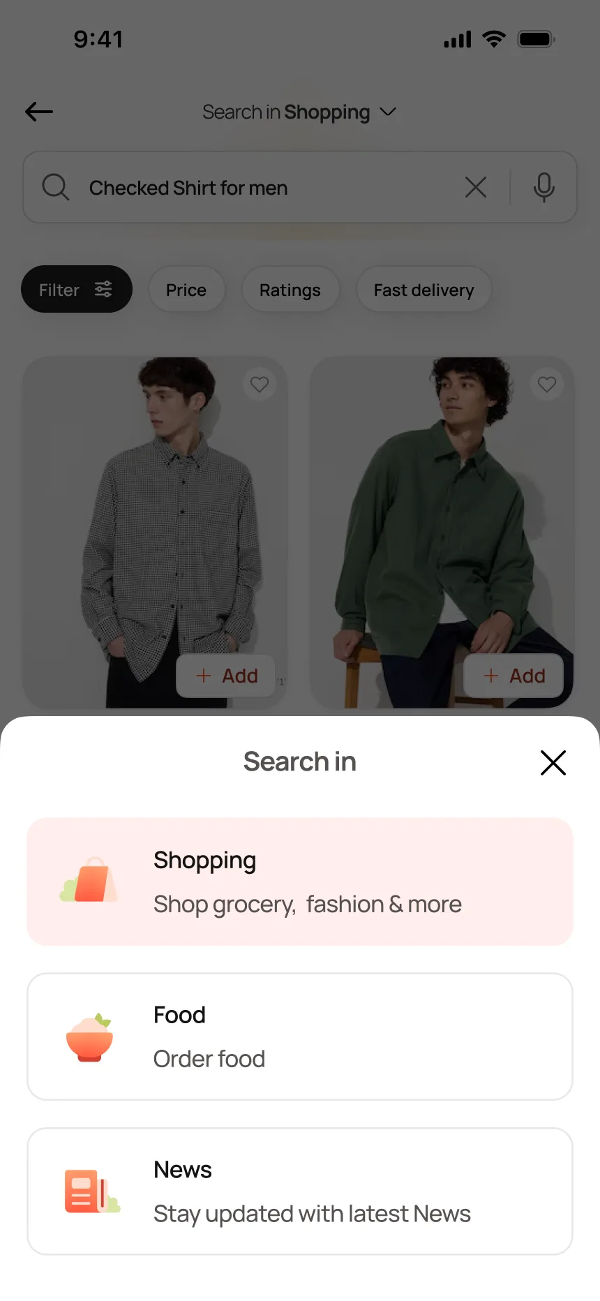 Domain selector — switch between Shopping, Food, News for the same query