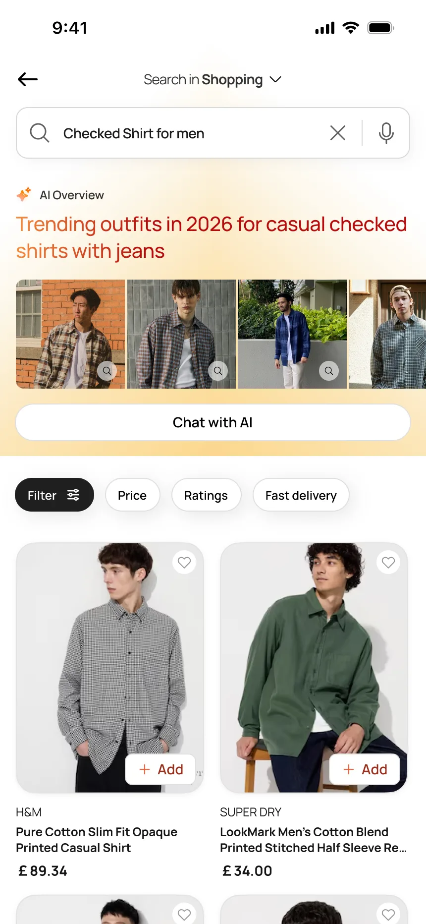 Search results — AI Overview with trending outfits, image carousel, product grid