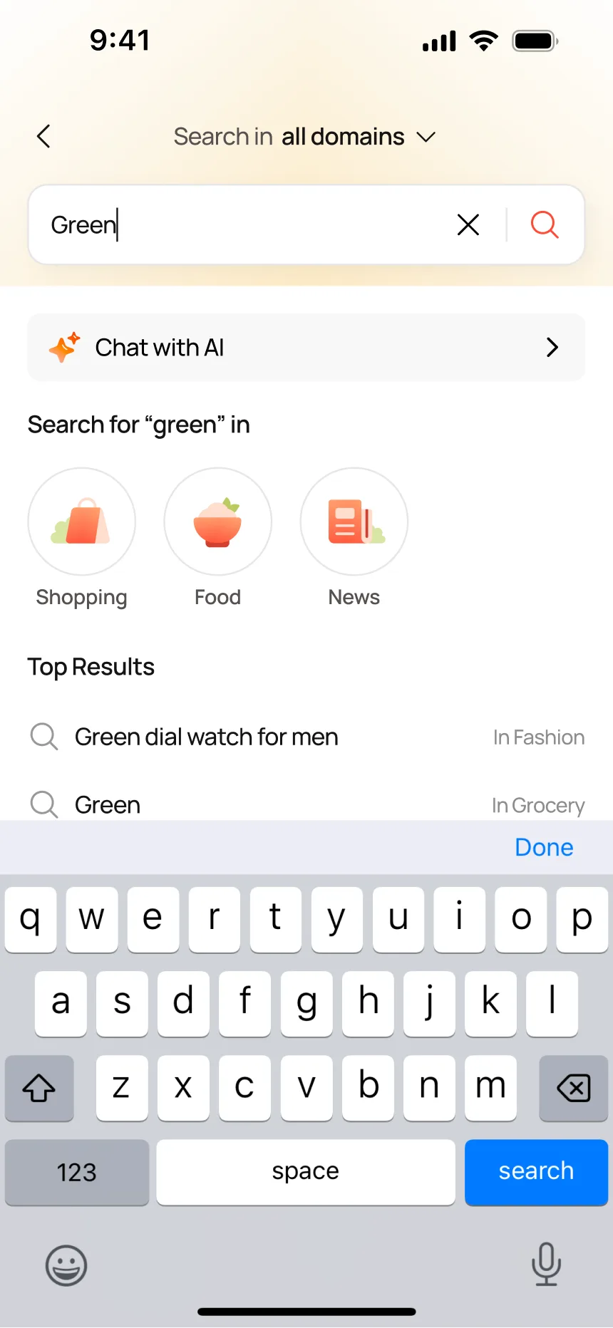 Typing 'Green' — cross-domain results: watch in Fashion, vegetables in Grocery