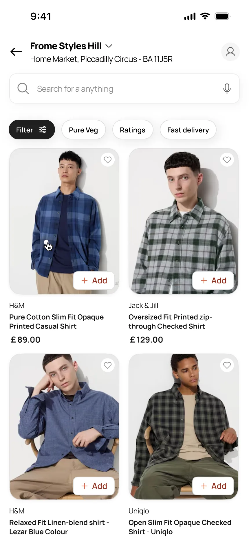 Fashion — product grid with H&M, Jack & Jill, Uniqlo shirts