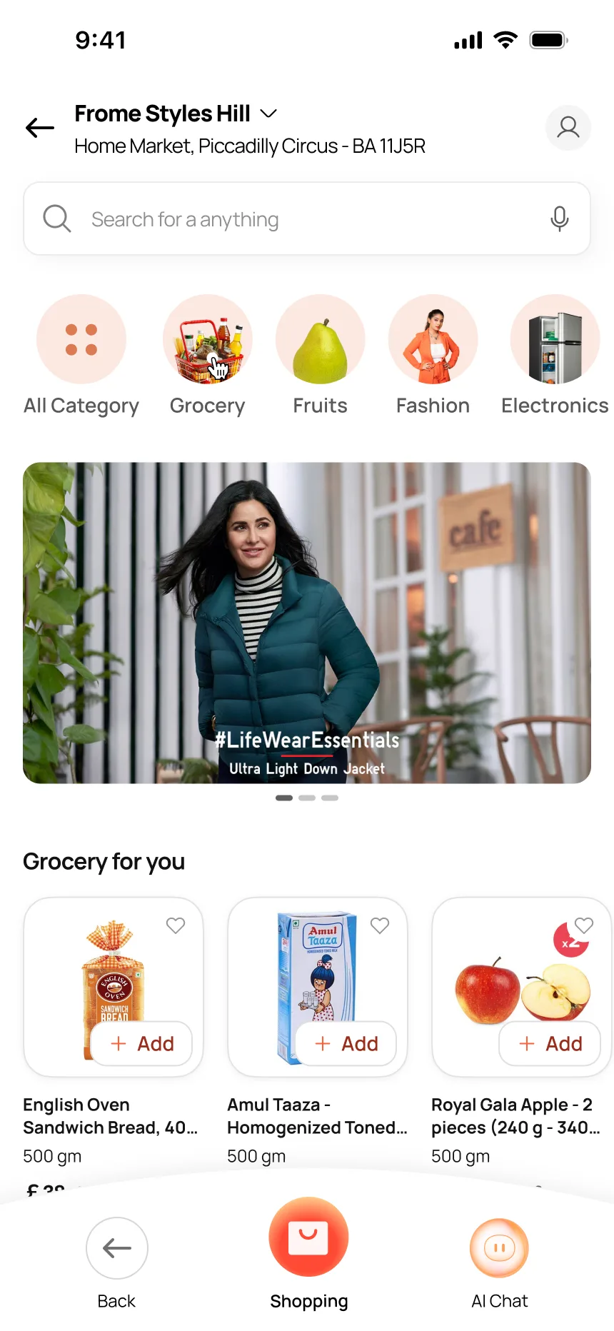 Shopping home — categories, fashion banner, grocery cards, location header