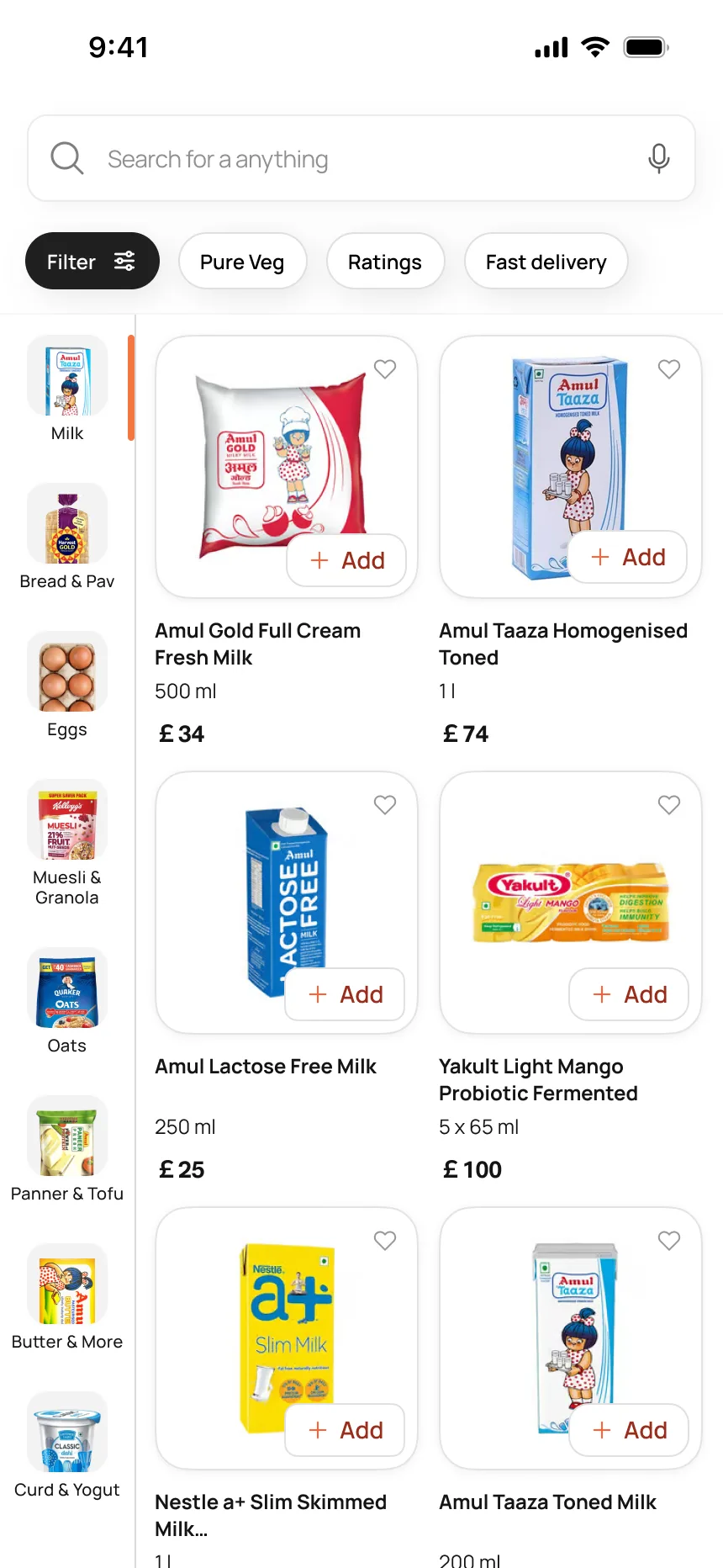 Grocery — category sidebar, milk products with prices and quick-add
