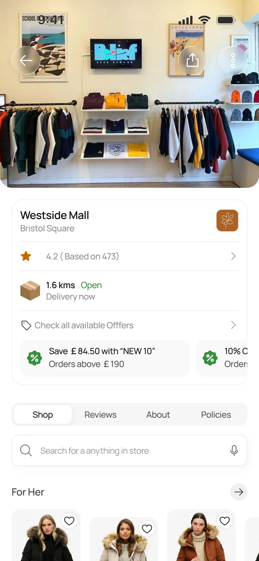 Store detail — Westside Mall, rating, distance, offers, shop tabs
