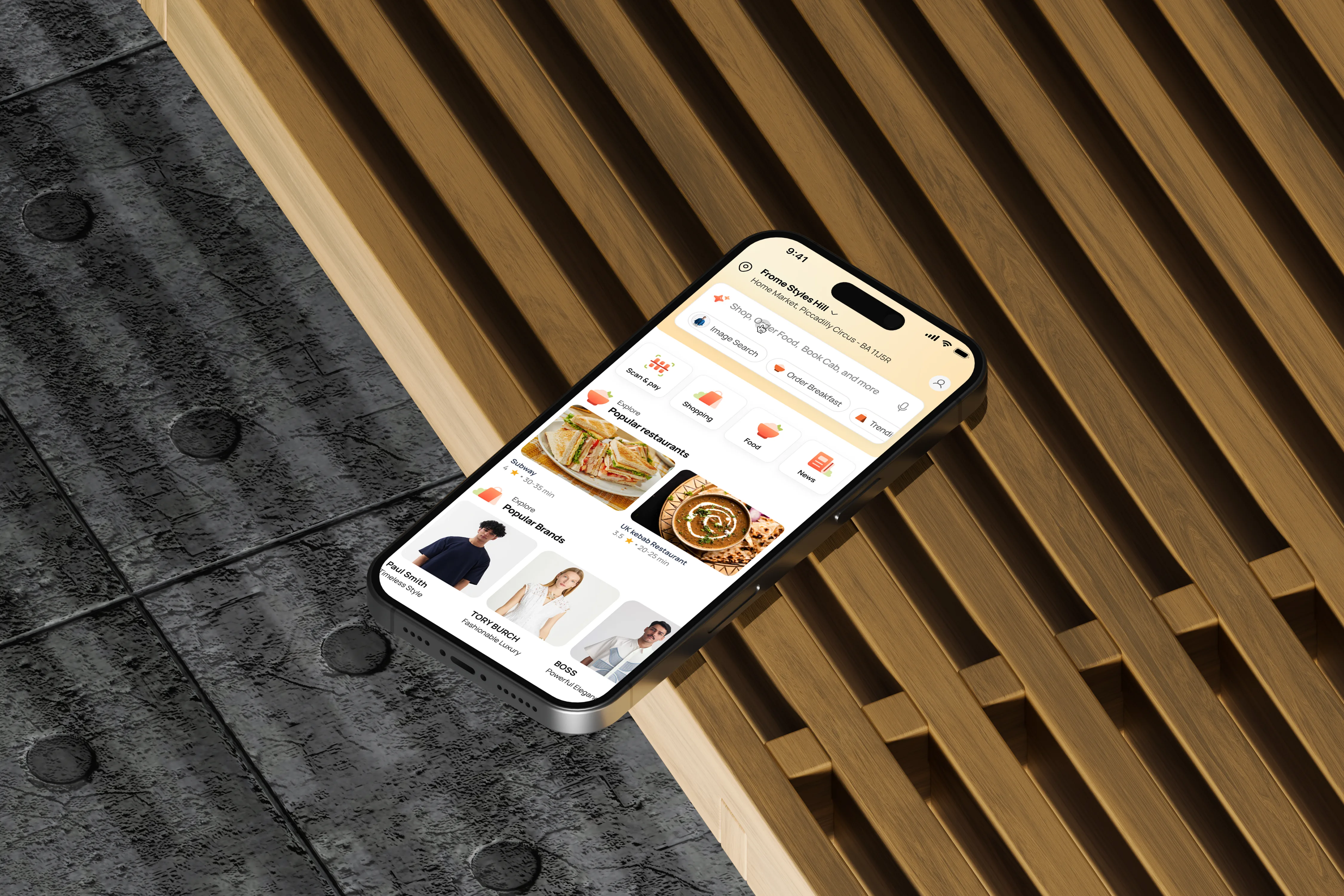 Sorted app homepage on iPhone — location header, search bar, shopping categories, popular restaurants and brand recommendations