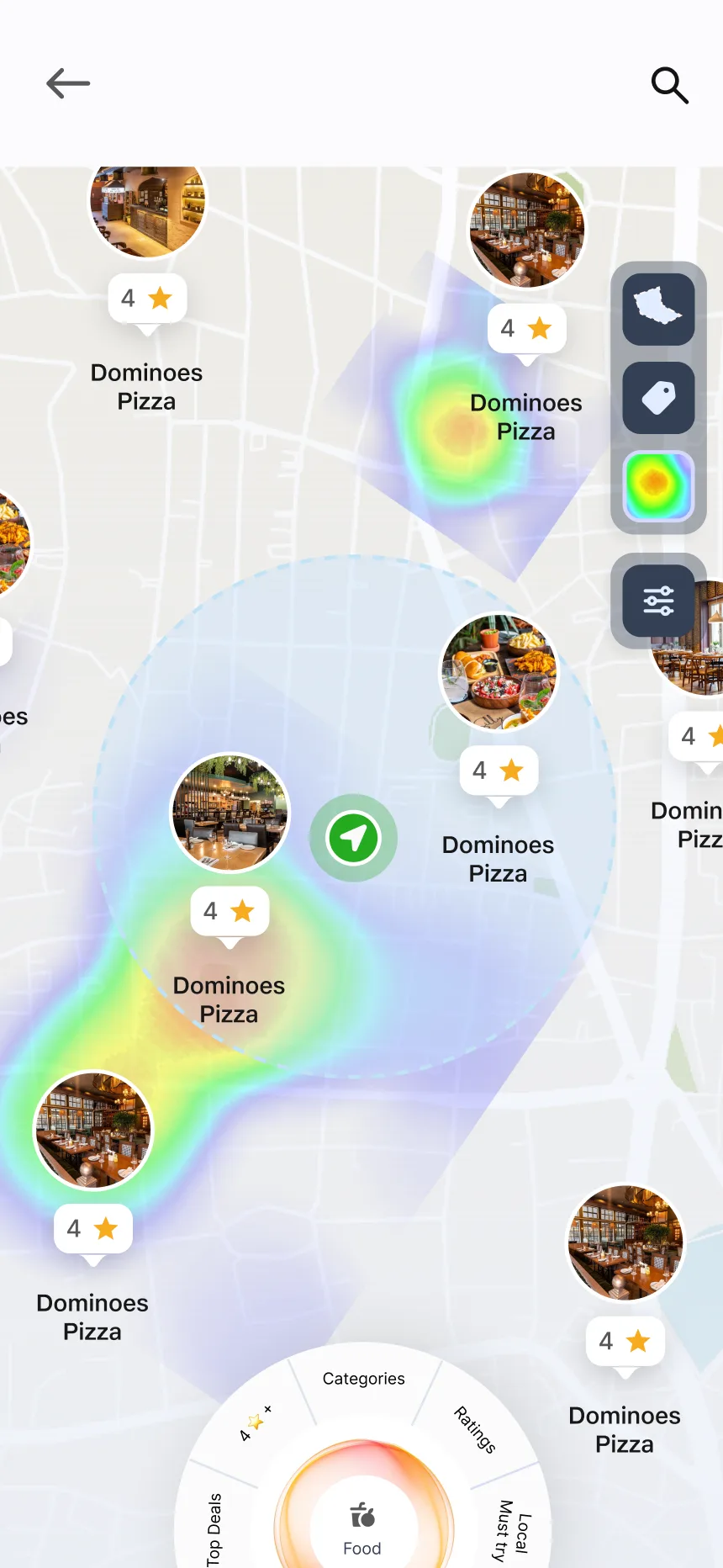 Crowd heatmap — map overlay with venue density, restaurant tooltips, AI category radar, layer controls