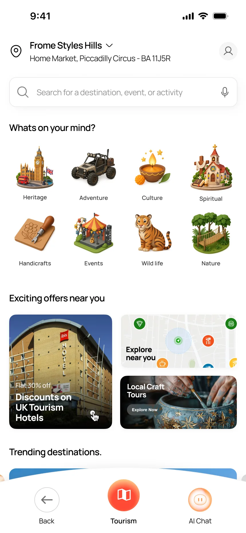 Tourism home — eight categories (Heritage, Adventure, Culture, Spiritual, Handicrafts, Events, Wildlife, Nature), trending destinations with ratings, exciting offers near you