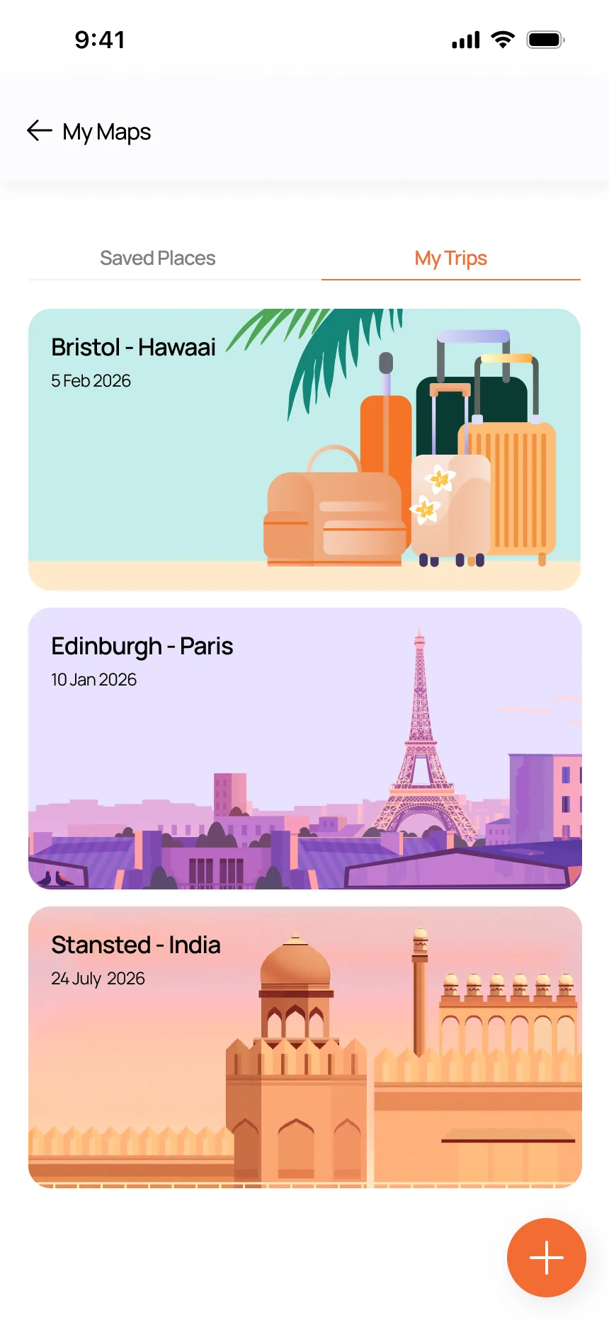 My Trips tab — saved itineraries with destination imagery and trip details