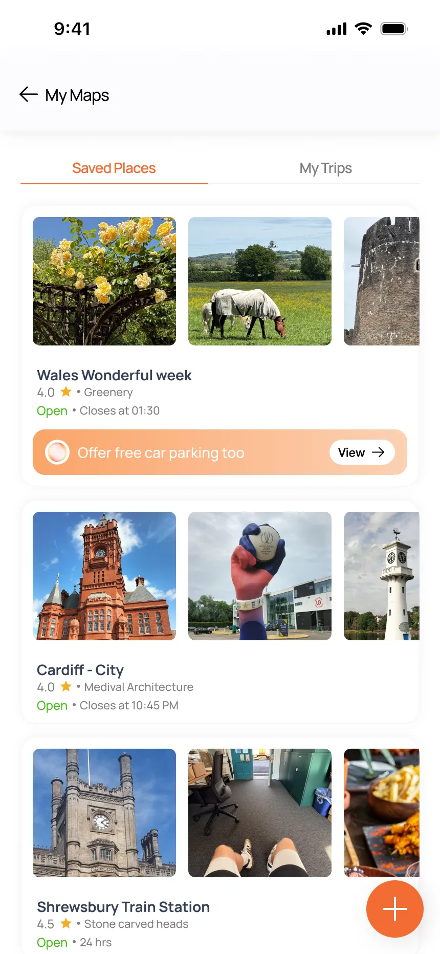 Saved Places tab — bookmarked venues with ratings, distance, and offers