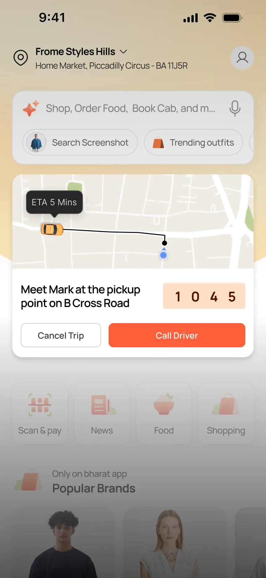Cab widget — live tracking, ETA 5 mins, driver OTP, call driver