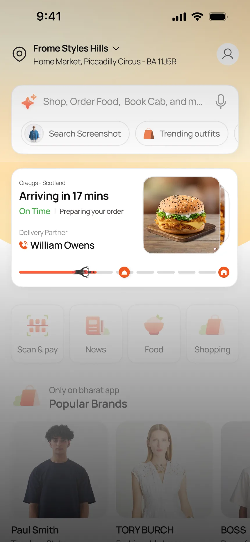 Food widget — Greggs order arriving in 17 mins, delivery partner, progress bar