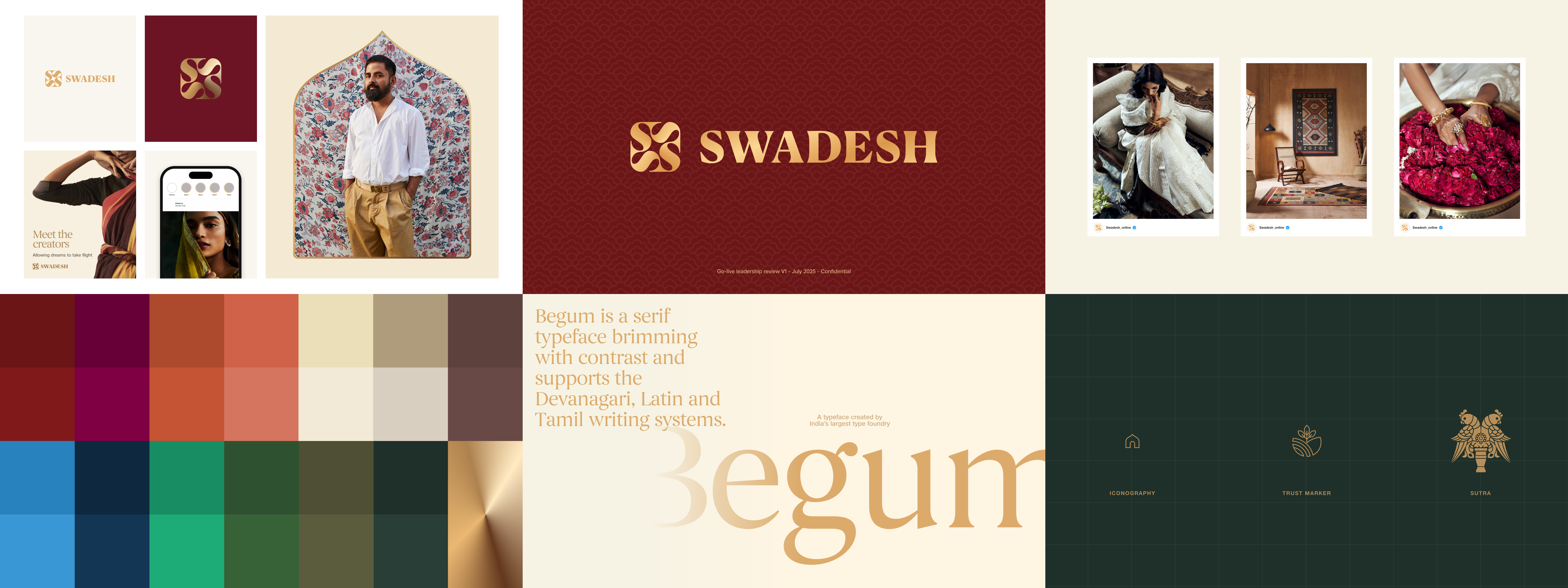Swadesh Design System — brand collage showing typography, photography, mobile app, and editorial layouts