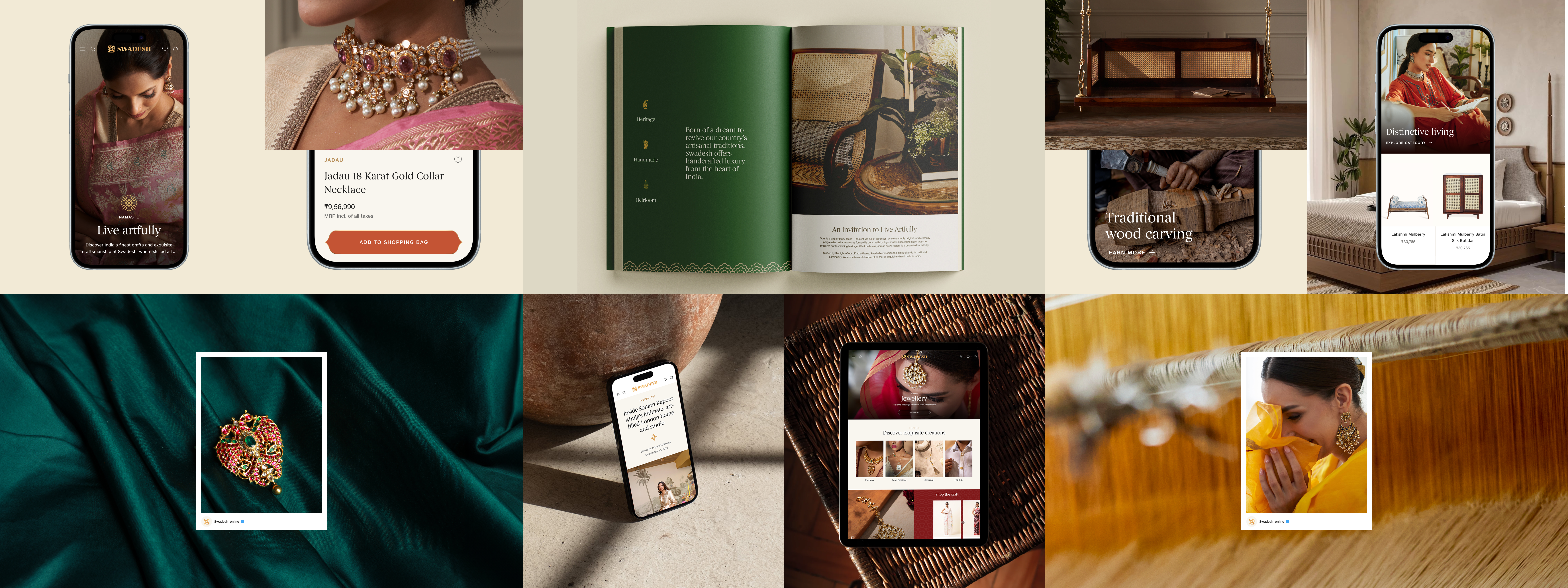 Swadesh design system applied across mobile, desktop, tablet, editorial, and social media — all screens built from the same component library