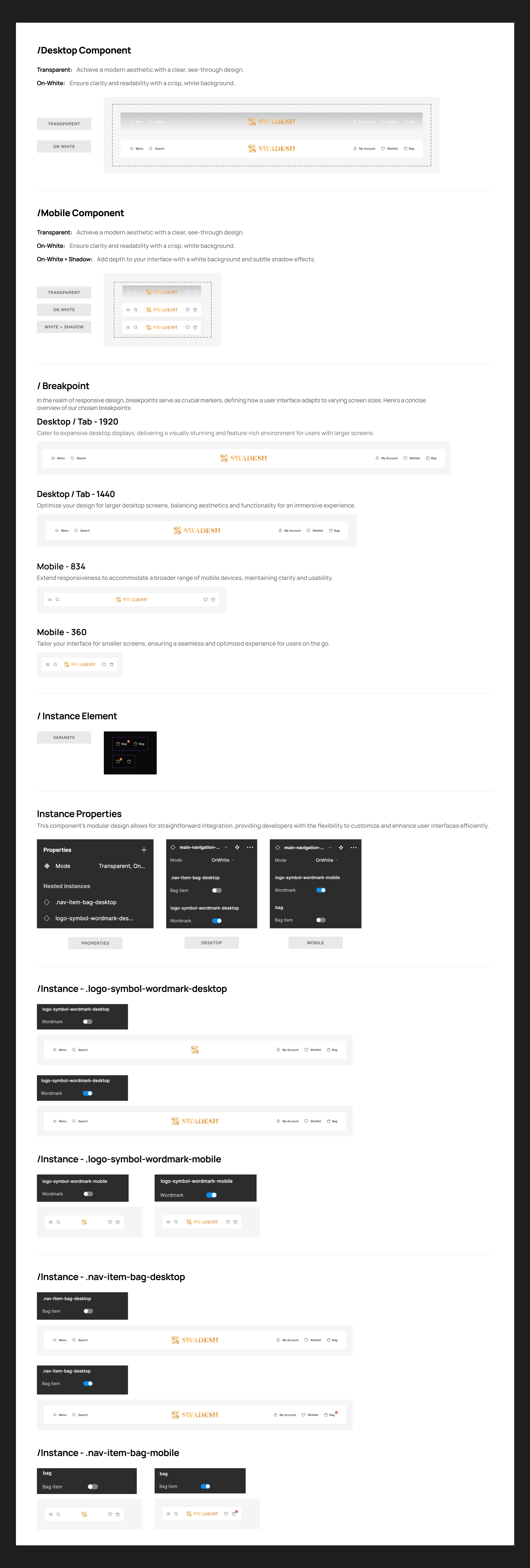 Design system component specification — responsive navigation with breakpoints, spacing tokens, states, and variant documentation for engineering handoff