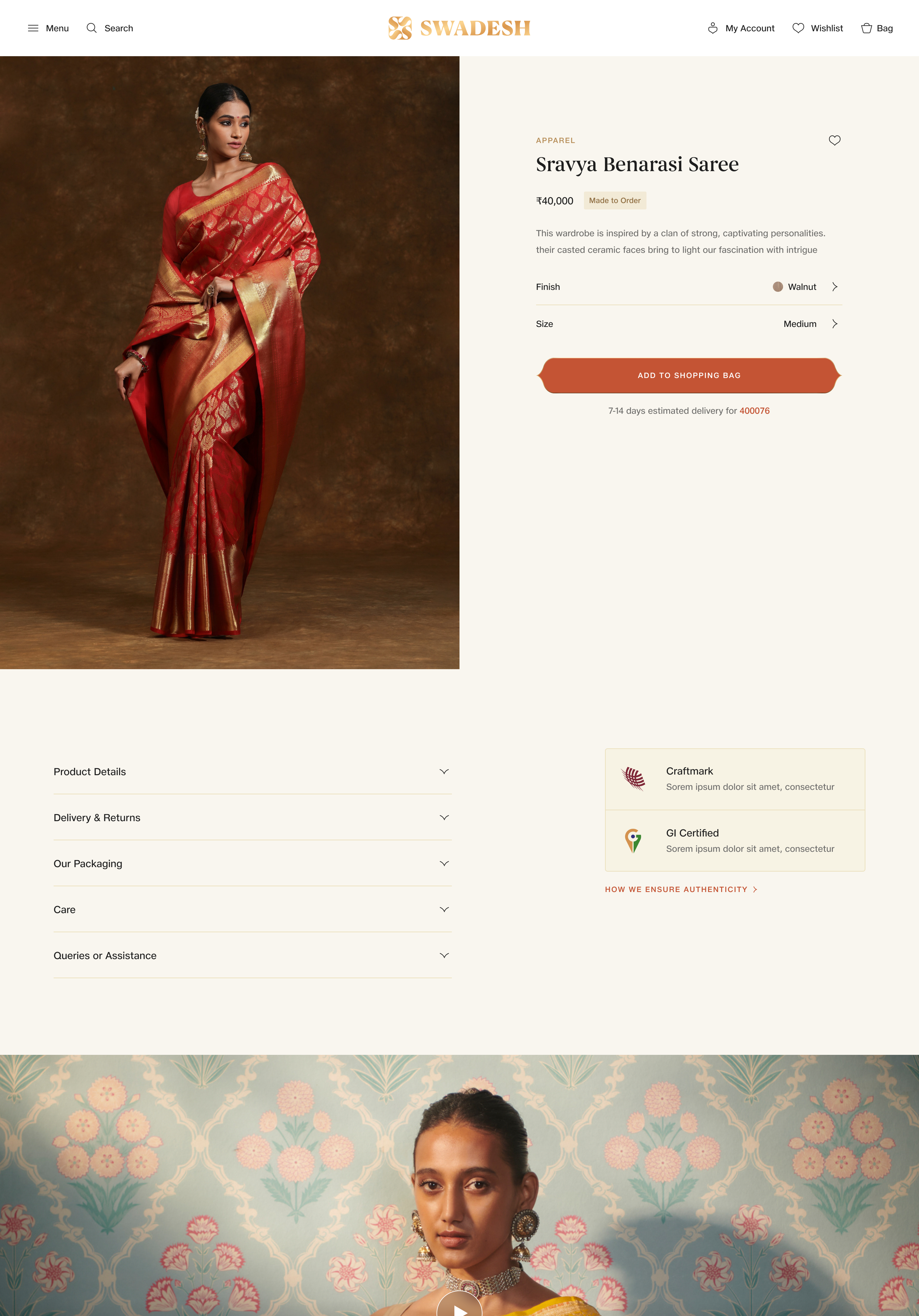Swadesh Checkout page — address and payment forms using shared design system components