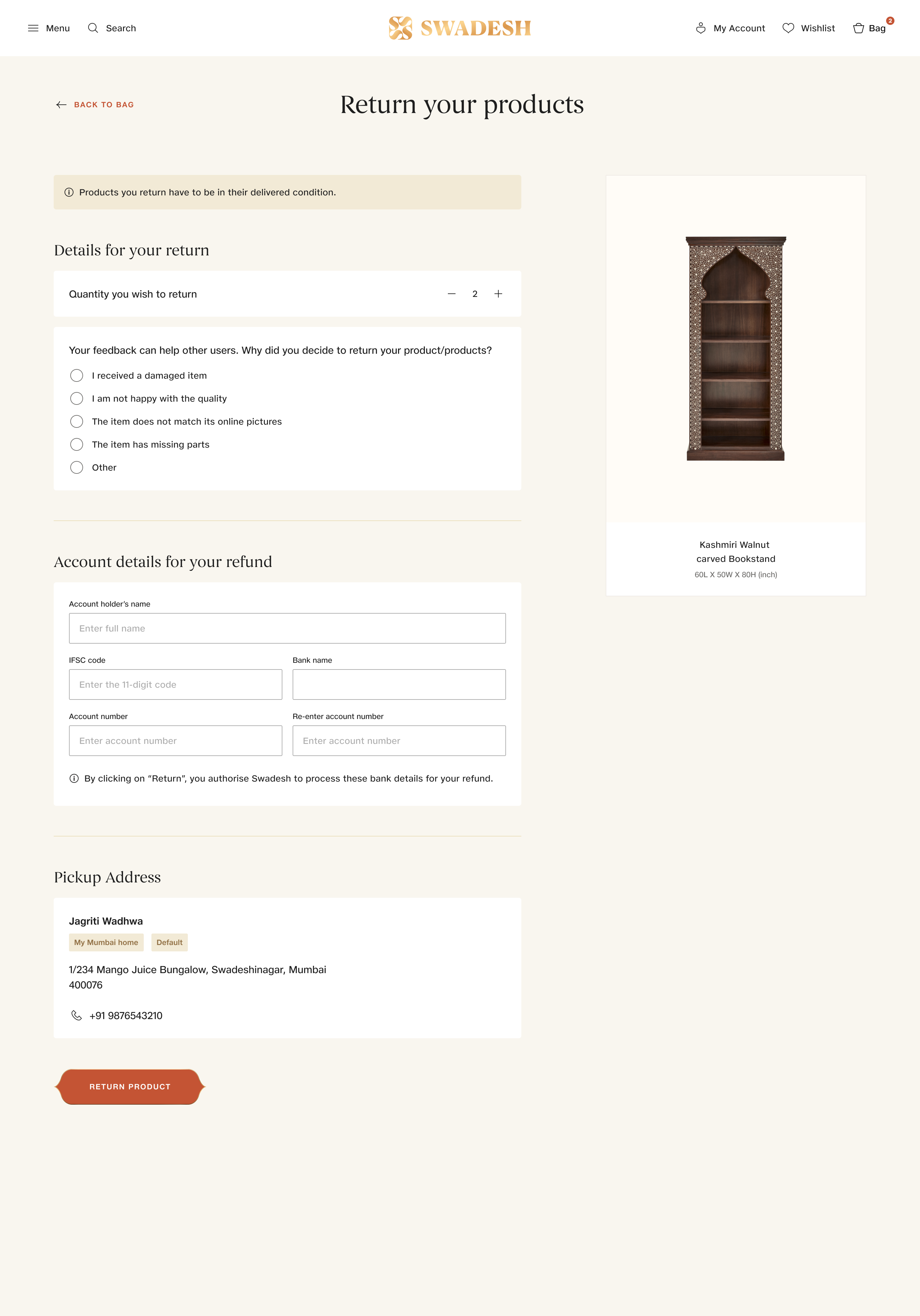 Swadesh Shopping Bag page — Furniture products assembled from shared design system components